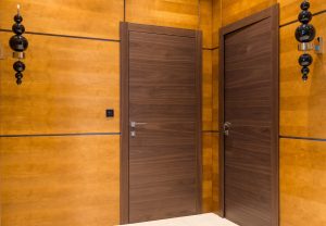 Elegant modern interior featuring sleek wooden paneling and contemporary doors.